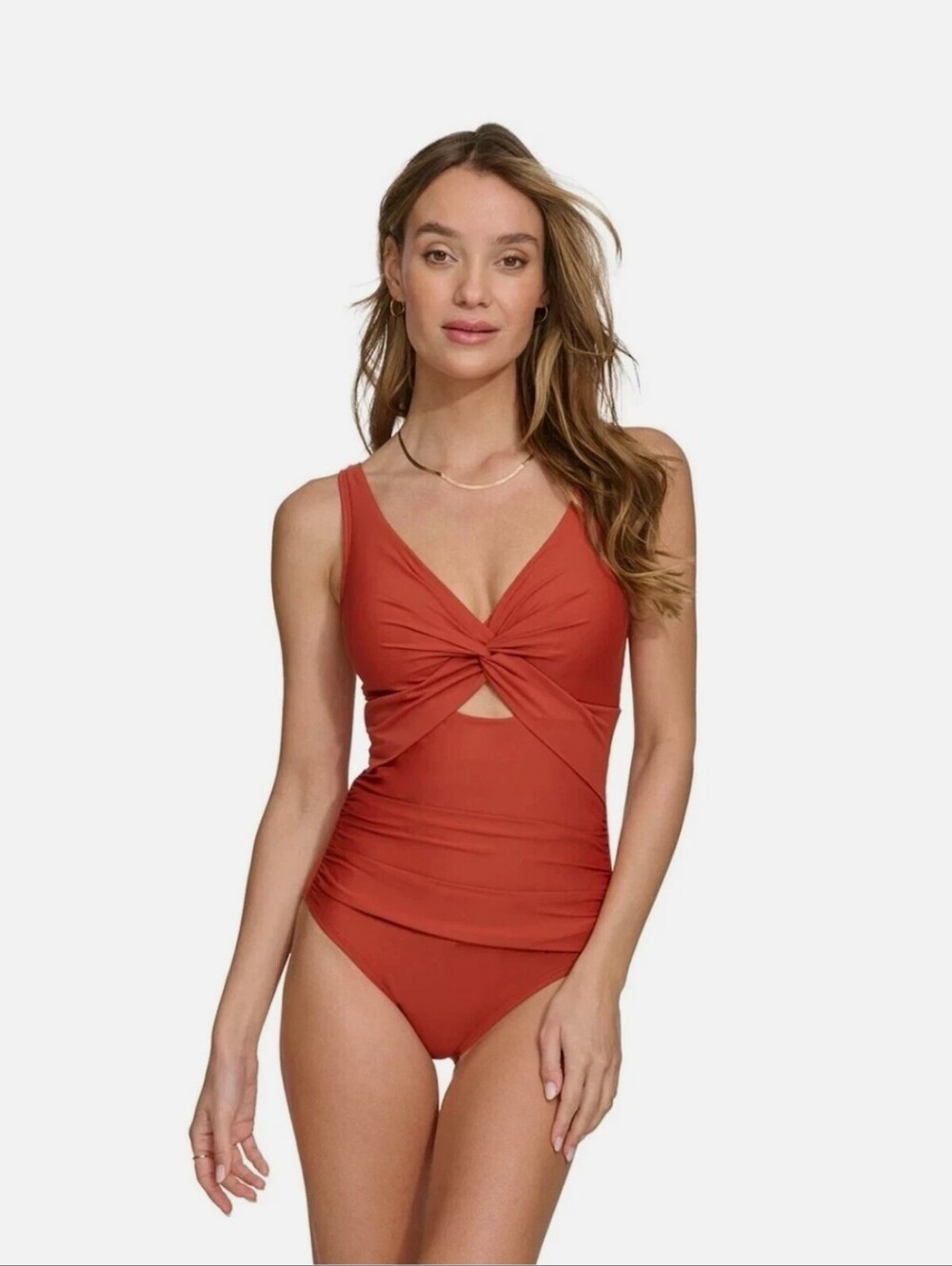 New!DKNY Y2K Women's Standard Twist Front Keyhole One Piece Swimsuit Rust Orange - Picture 1 of 9